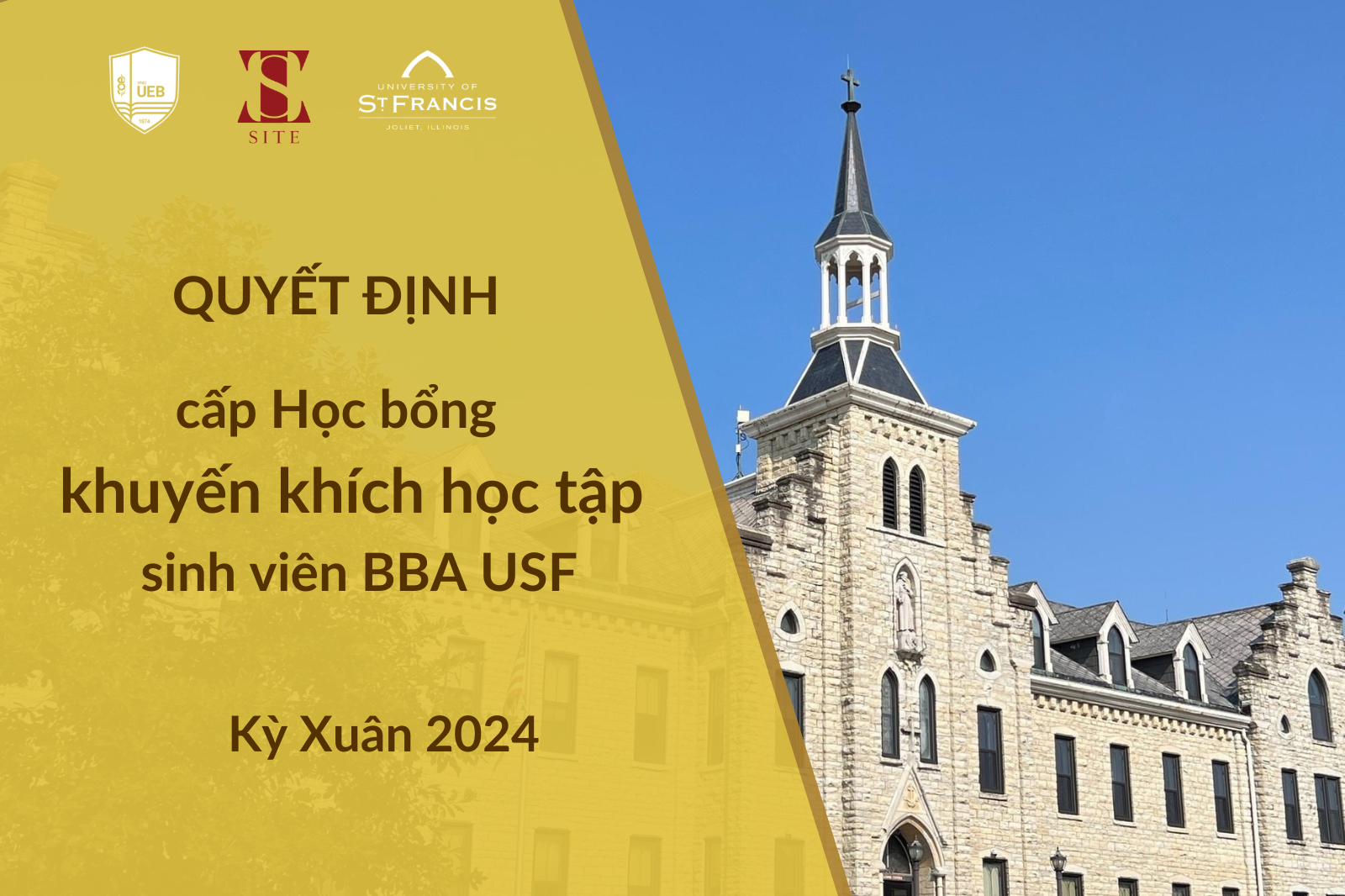 Quyết định cấp Học bổng Khuyến khích học tập cho sinh viên chương trình đào tạo Cử nhân chính quy Quản trị kinh doanh (Quốc tế) - BBA USF kỳ Xuân 2024